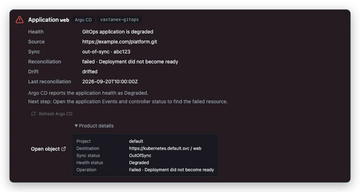 The expanded Vastanex Argo Application row shows Degraded health and a failed operation for web.