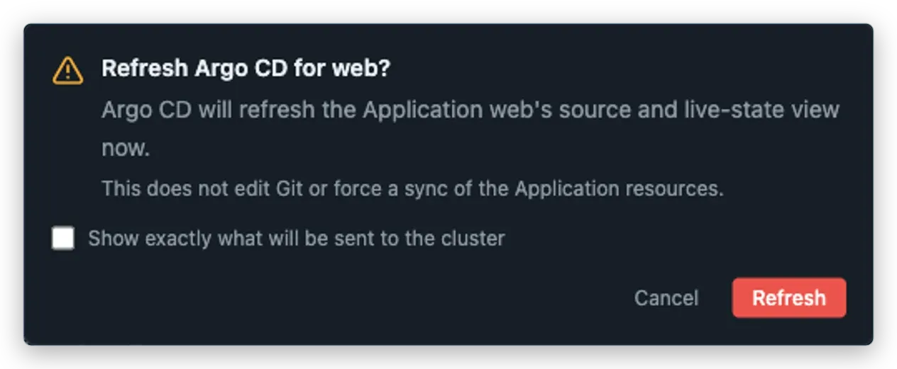 A cancelled Vastanex Argo refresh confirmation explains that the request does not edit Git or force a sync.