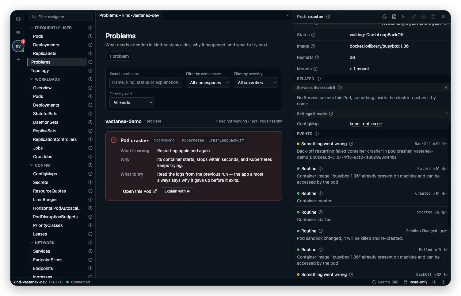 The Vastanex crasher Pod detail drawer shows its Events section with a real BackOff event from the local cluster.