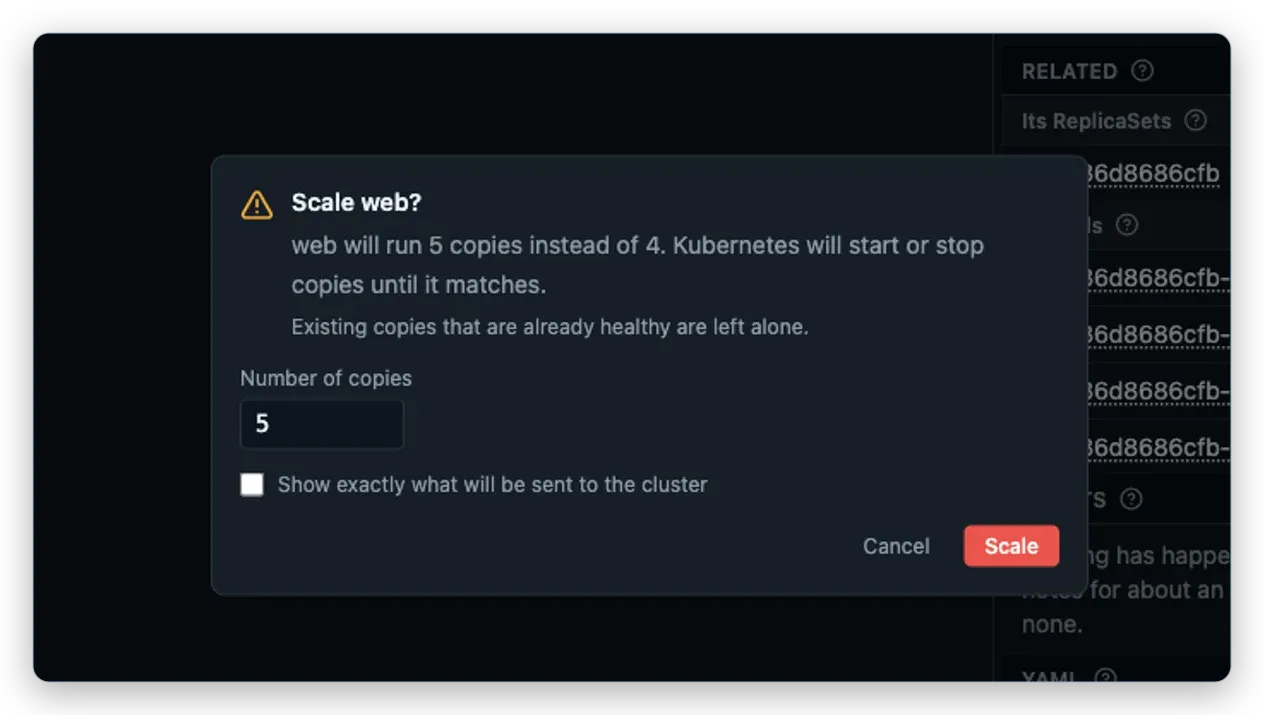A cancelled Vastanex Scale dialog for the separate web Deployment explains that it will run five copies instead of four.
