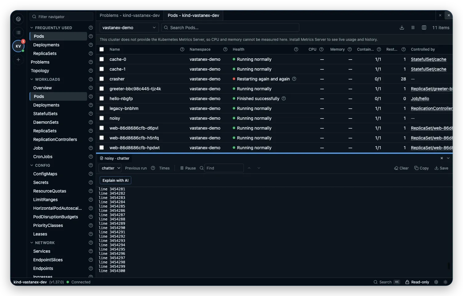 The Vastanex terminal panel follows numbered live lines from the noisy demo Pod with source and pause controls visible.