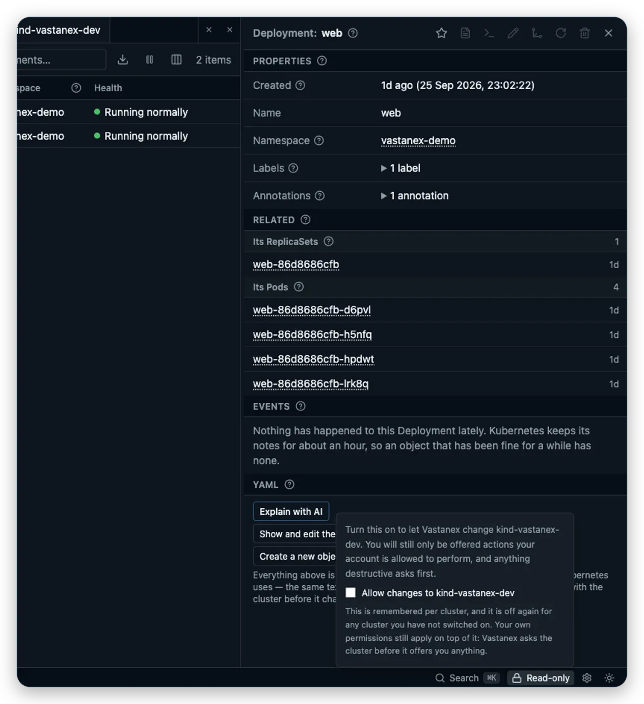 The Vastanex web Deployment drawer shows the disabled Delete action with its read-only reason and the context badge visible below.