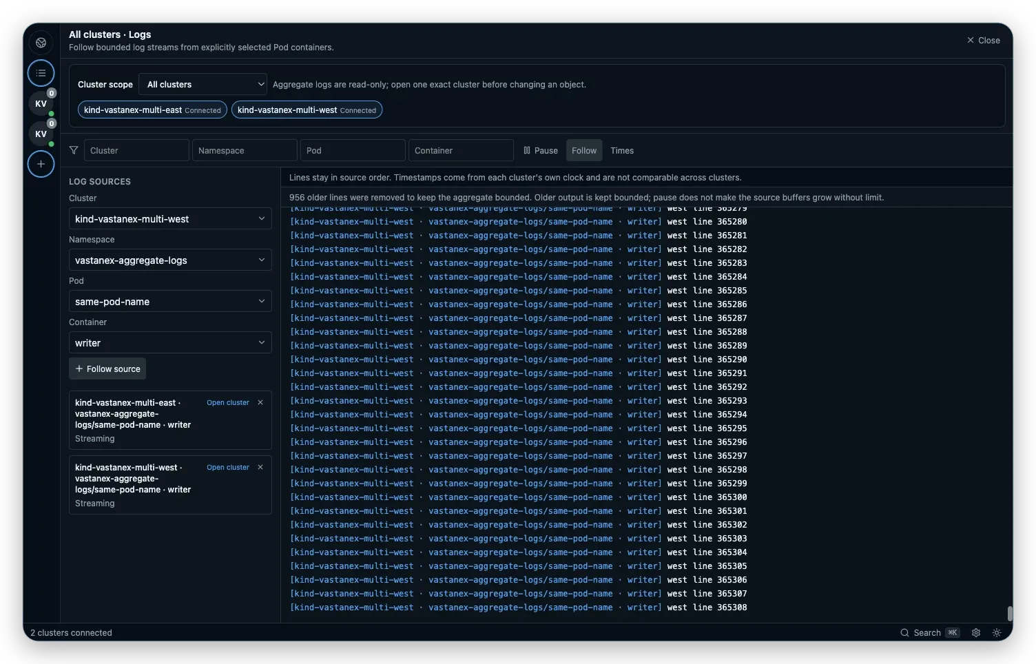 All Clusters Logs shows source-labelled live lines from the east and west Kubernetes contexts with bounded controls.