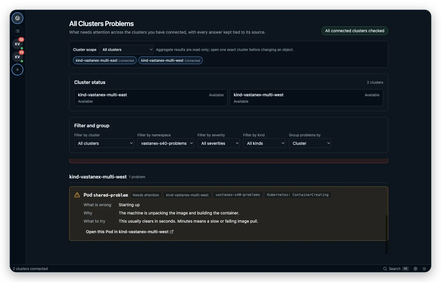 All Clusters Problems labels the same named Kubernetes problem with its east and west source contexts.