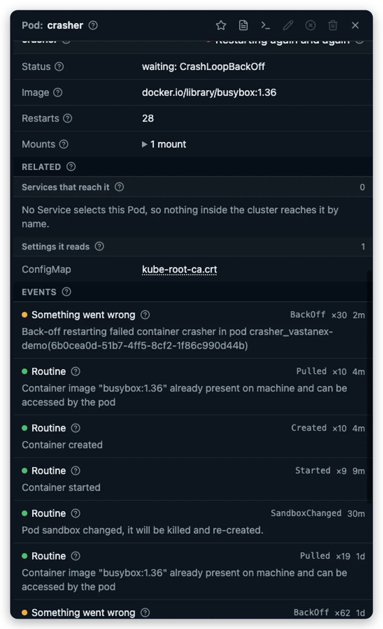 The Vastanex crasher Pod detail drawer shows a real BackOff event in its Events section.