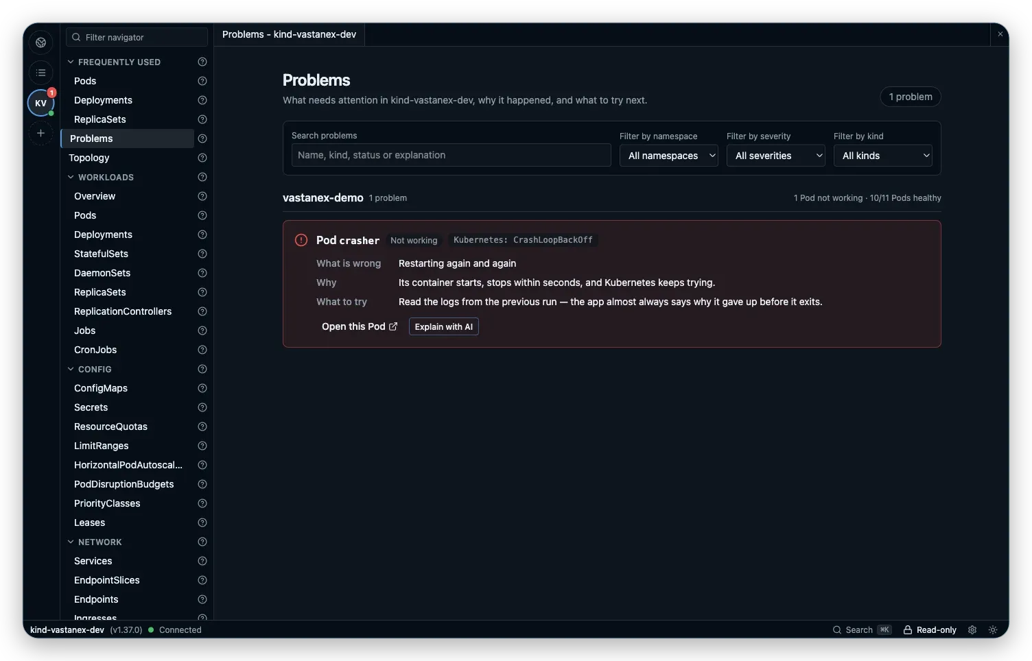 The Vastanex Problems view groups a crashing Pod by severity and keeps its plain-language next step beside the raw state.