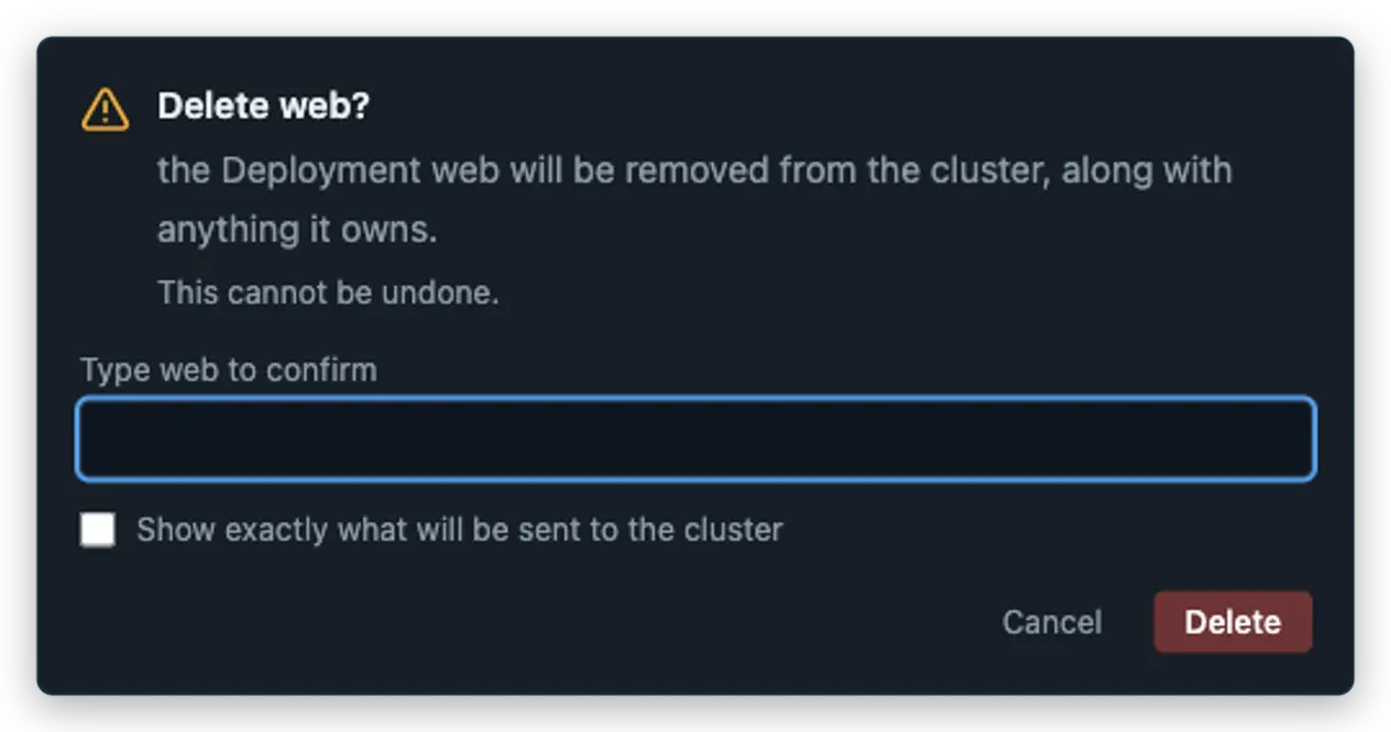 A cancelled Vastanex Delete dialog names the web Deployment, explains that the action cannot be undone and asks for its name.