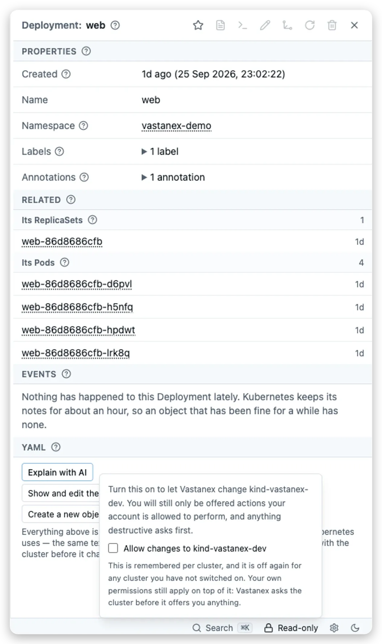 A light-theme Vastanex web Deployment drawer shows Delete disabled and explains that Allow changes is off.