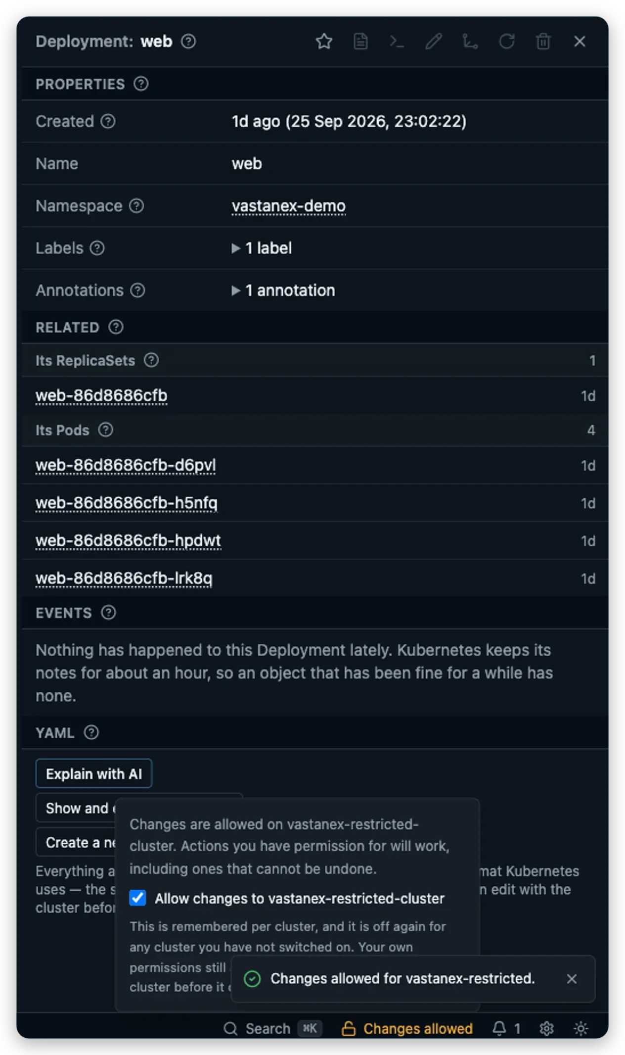The restricted Vastanex context keeps the web Deployment readable but marks Delete forbidden after changes are allowed.
