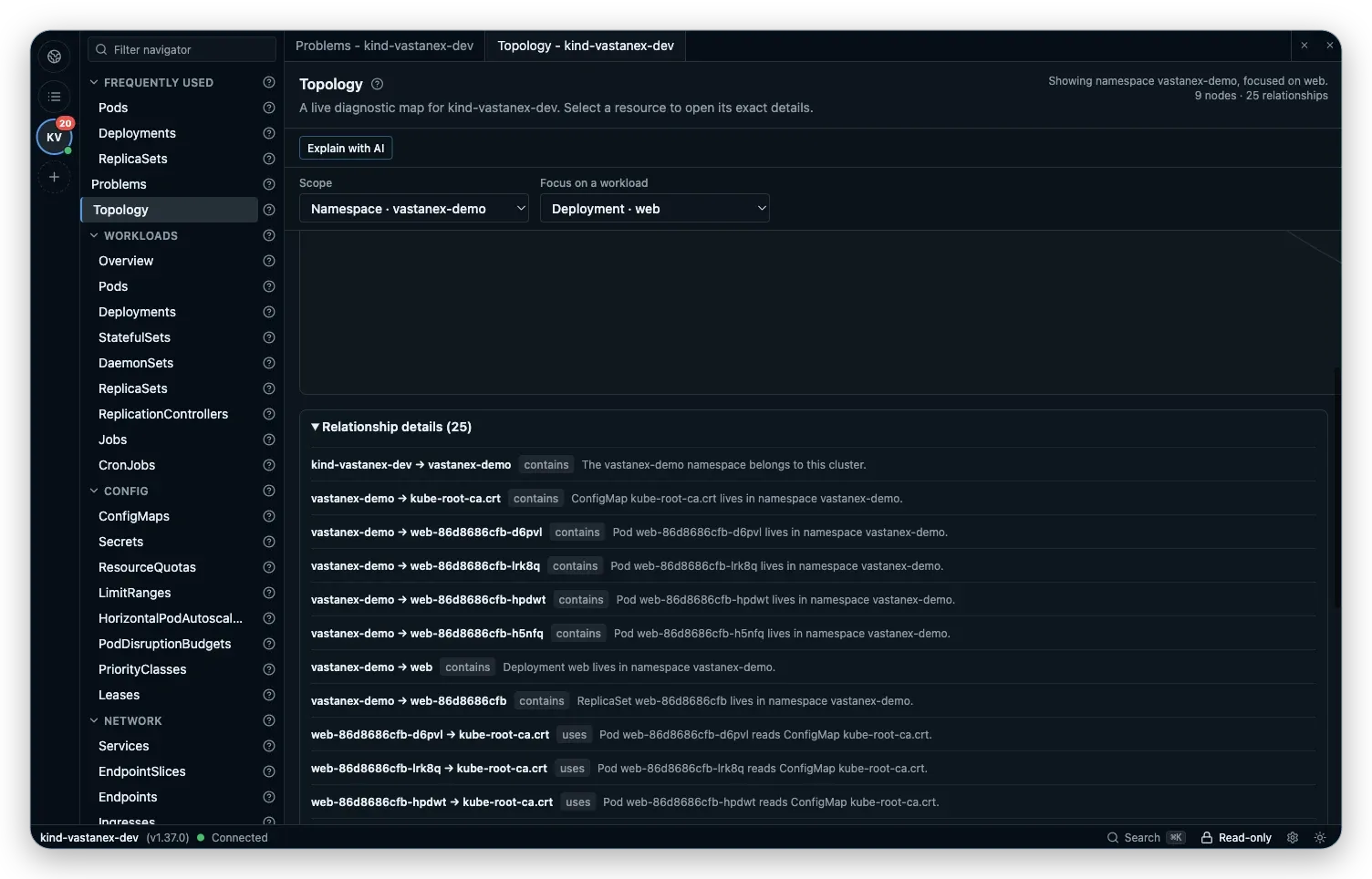 A close Vastanex Topology view shows a named web workload node beside a readable relationship reason.