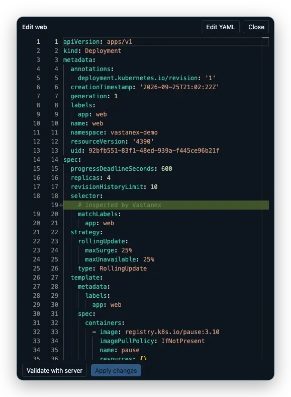 The Vastanex YAML editor shows a real web Deployment edit in its Review changes diff view.
